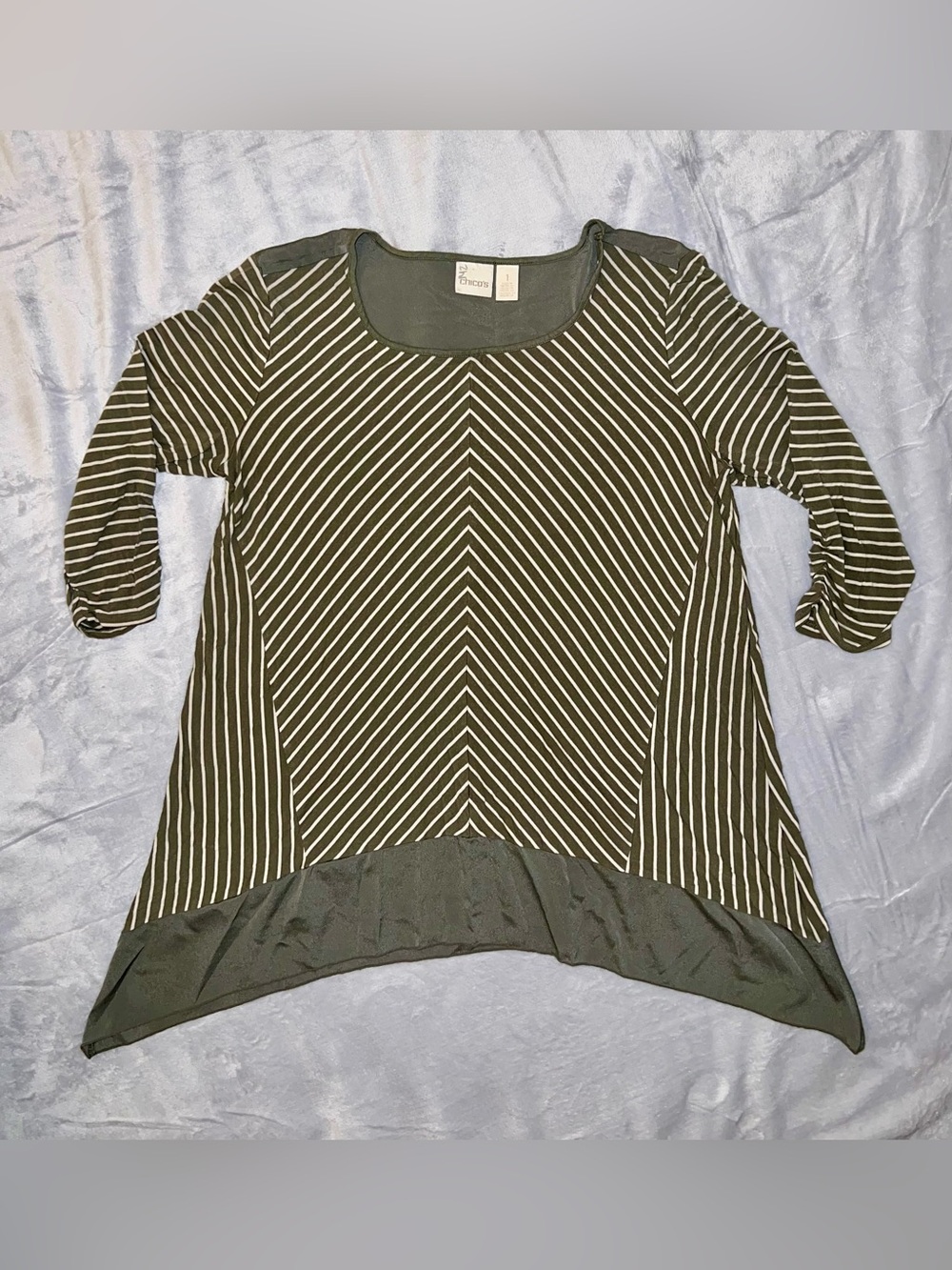 Chicos Green Striped Blouse Asymmetrical Women's Size 1 Quarter Sleeve